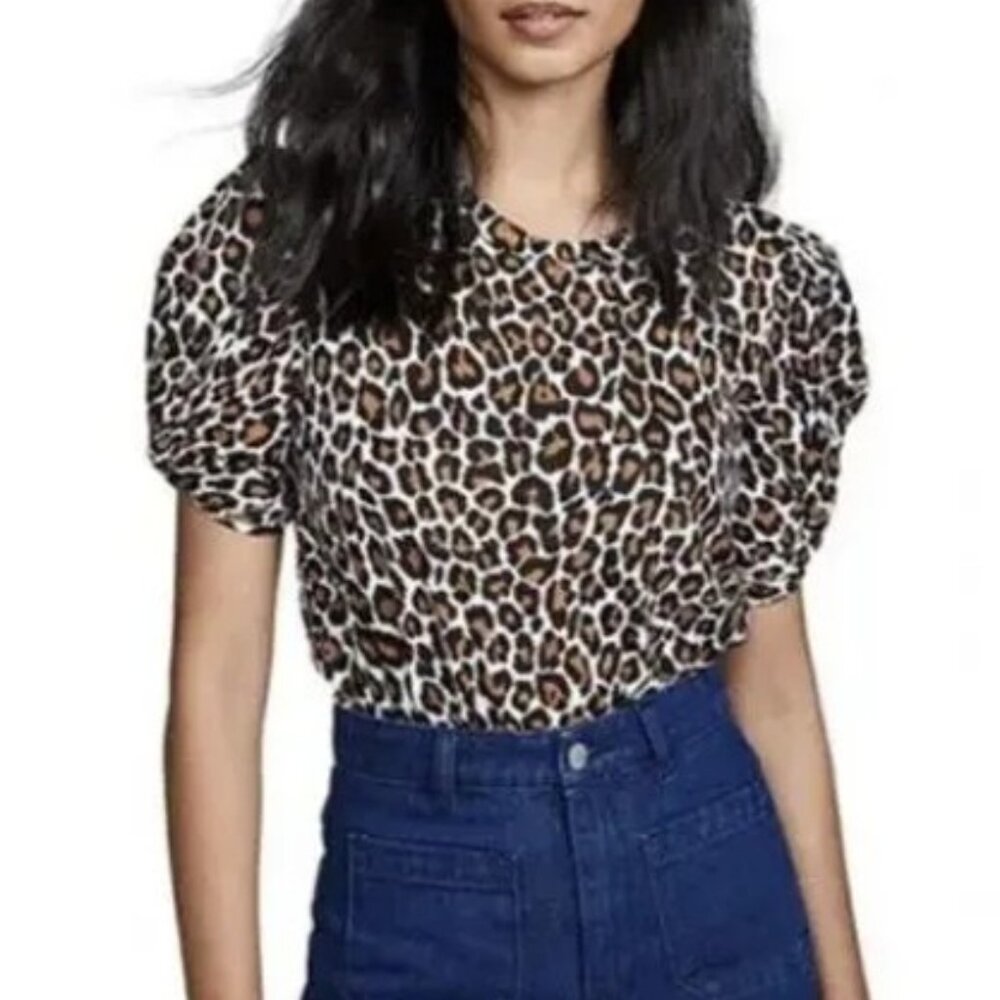 ALC Katie Leopard Cheetah Print Puff-Sleeve T-Shirt Semi Sheer Size Medium GUC